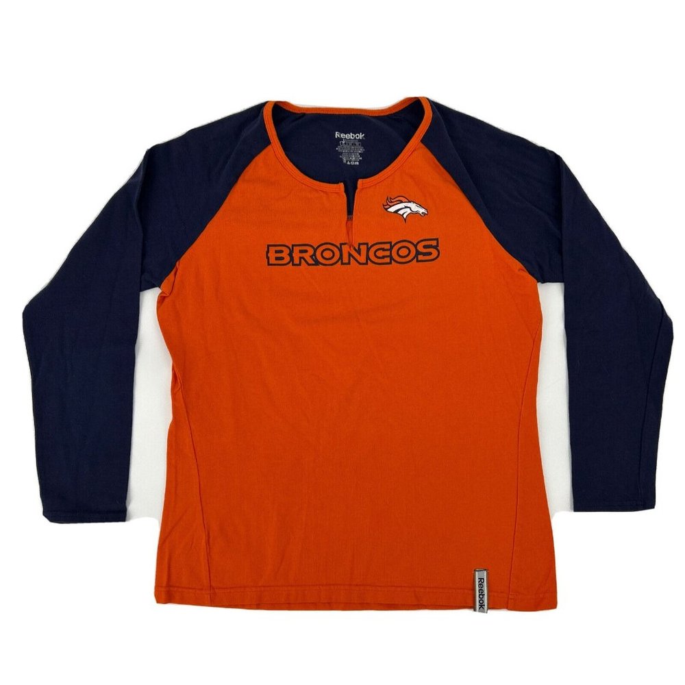 Women's Reebok Long Sleeve‎ Split Neck T-Shirt Orange Blue XL Denver Broncos NFL